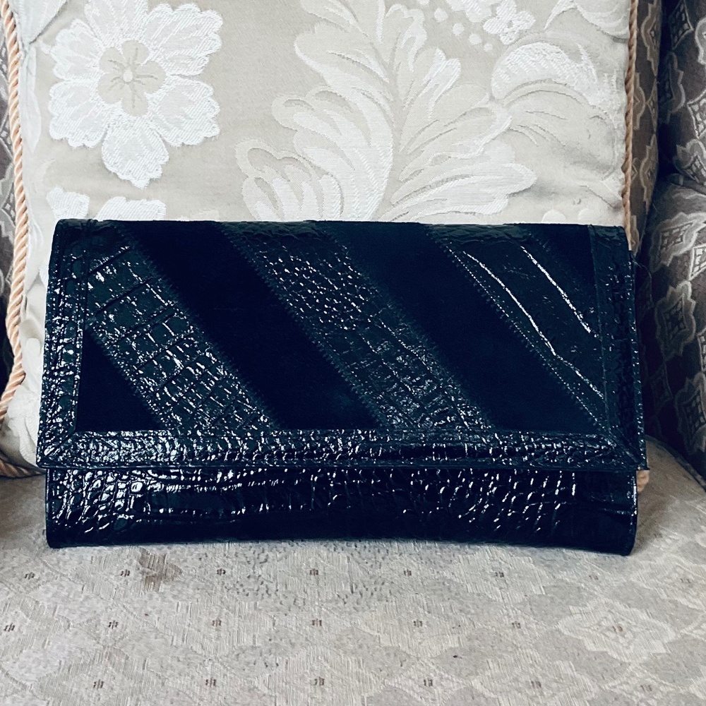 🇮🇹 Vintage Black Patchwork Mixed Media Exotic Italian Leather Envelope Clutch